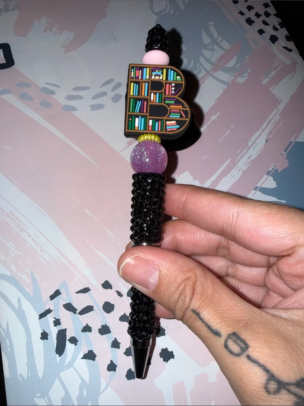 Beaded 'B' book Statement Pen - Black, Pink, Purple